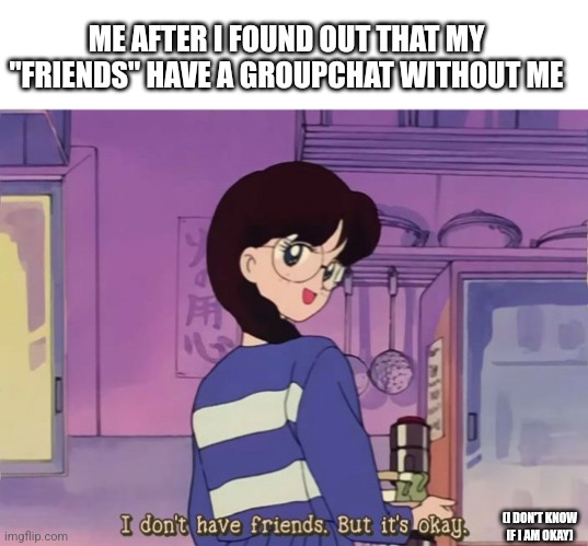 I never really had friends. | ME AFTER I FOUND OUT THAT MY "FRIENDS" HAVE A GROUPCHAT WITHOUT ME; (I DON'T KNOW IF I AM OKAY) | image tagged in no friends,fake friends,it's okay,maybe,why me | made w/ Imgflip meme maker