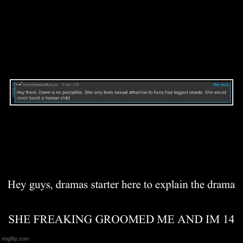 Hey guys, dramas starter here to explain the drama | SHE FREAKING GROOMED ME AND IM 14 | image tagged in funny,demotivationals | made w/ Imgflip demotivational maker