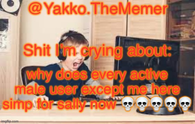 Yakko.The.Memer Announcement Template (made by Silver) | why does every active male user except me here simp for sally now 💀💀💀💀💀 | image tagged in yakko the memer announcement template made by silver | made w/ Imgflip meme maker