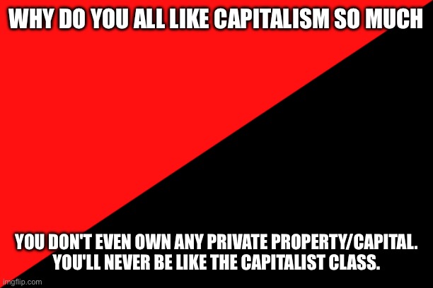 Ancom flag | WHY DO YOU ALL LIKE CAPITALISM SO MUCH; YOU DON'T EVEN OWN ANY PRIVATE PROPERTY/CAPITAL. YOU'LL NEVER BE LIKE THE CAPITALIST CLASS. | image tagged in ancom flag | made w/ Imgflip meme maker