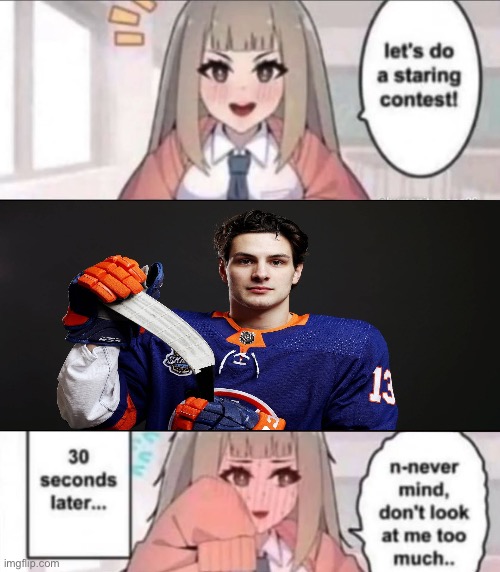 Gay for Barzal | image tagged in staring contest,nhl,anime girl,hockey,memes,dank memes | made w/ Imgflip meme maker