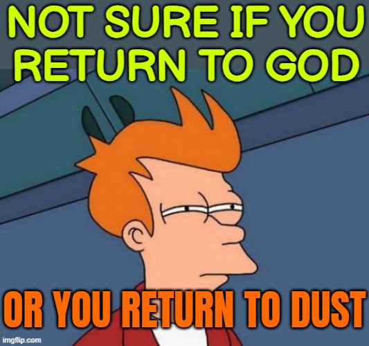 Not Sure If You Return To God; Or You Return To Dust | NOT SURE IF YOU
RETURN TO GOD; OR YOU RETURN TO DUST | image tagged in fry is not sure,anti-religion,religion,god,messiah,god religion universe | made w/ Imgflip meme maker