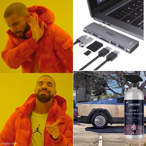 Required add ons, Apple vs Tesla | image tagged in memes,drake hotline bling,dongle,rust remover | made w/ Imgflip meme maker