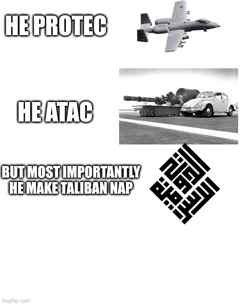 Taliban eraser | HE PROTEC; HE ATAC; BUT MOST IMPORTANTLY HE MAKE TALIBAN NAP | image tagged in taliban,a10 thunderbolt,brrrt | made w/ Imgflip meme maker