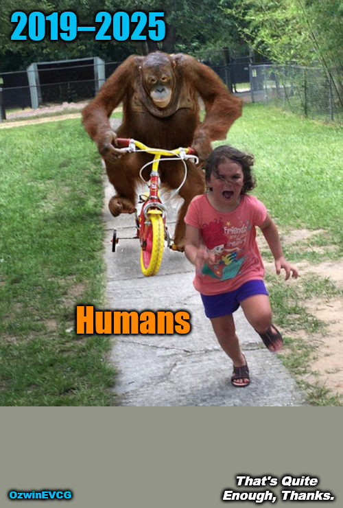 Happy New Year, Fun Stream...! | 2019–2025; Humans; That's Quite 

Enough, Thanks. OzwinEVCG | image tagged in orangutan chasing girl on a tricycle,happy new year,2020s,2025,animals,human species | made w/ Imgflip meme maker