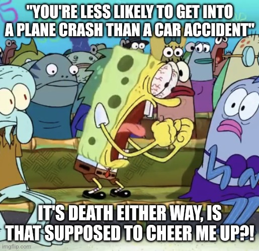 bro how is that gonna cheer me up | "YOU'RE LESS LIKELY TO GET INTO A PLANE CRASH THAN A CAR ACCIDENT"; IT'S DEATH EITHER WAY, IS THAT SUPPOSED TO CHEER ME UP?! | image tagged in spongebob yelling | made w/ Imgflip meme maker