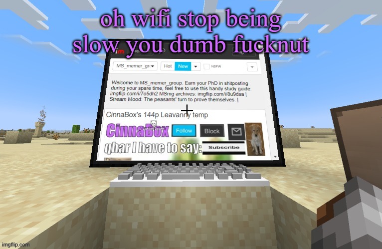 CinnaBox in minecraft | oh wifi stop being slow you dumb fucknut | image tagged in cinnabox in minecraft,cinnabox announcement | made w/ Imgflip meme maker