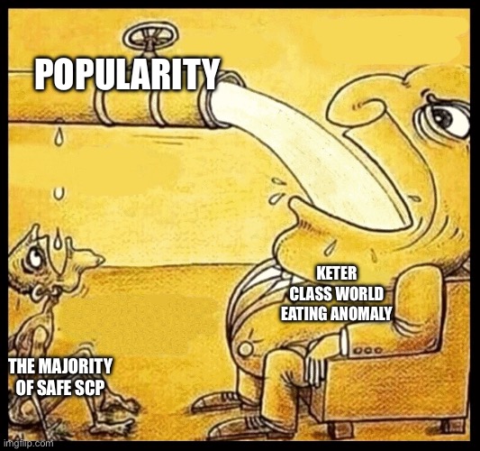 Average SCP popularity contest | POPULARITY; KETER CLASS WORLD EATING ANOMALY; THE MAJORITY OF SAFE SCP | image tagged in fat guy drinking water | made w/ Imgflip meme maker