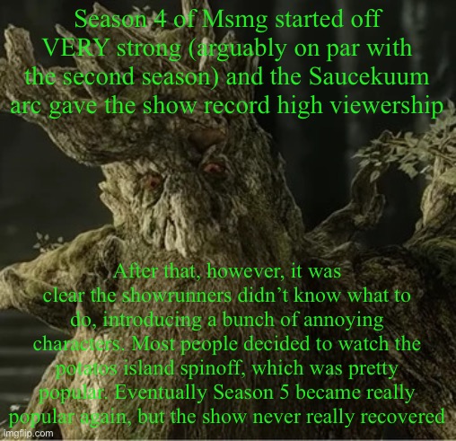 Season 4 = 2023 | Season 4 of Msmg started off VERY strong (arguably on par with the second season) and the Saucekuum arc gave the show record high viewership; After that, however, it was clear the showrunners didn’t know what to do, introducing a bunch of annoying characters. Most people decided to watch the potatos island spinoff, which was pretty popular. Eventually Season 5 became really popular again, but the show never really recovered | image tagged in hecate | made w/ Imgflip meme maker