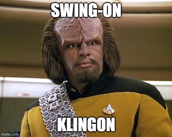 swing-on klingon | SWING-ON; KLINGON | image tagged in worf star trek,klingon,swing | made w/ Imgflip meme maker