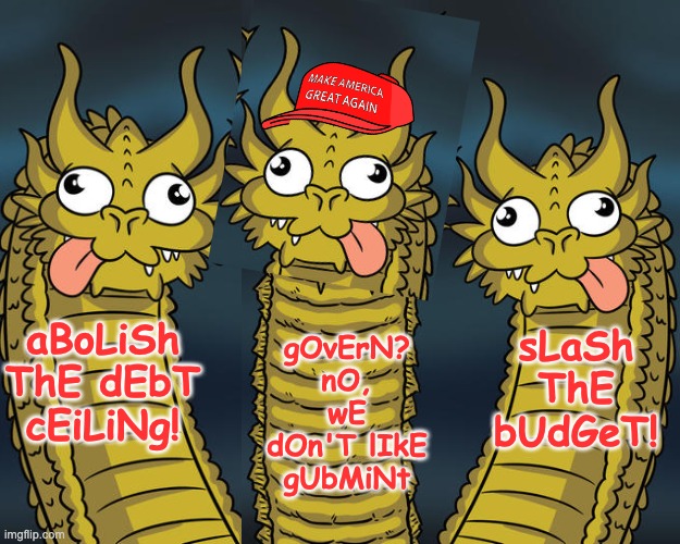 Don't worry, America. Your "I'm with stupid" shirt is in the mail! | gOvErN? nO, wE dOn'T lIkE gUbMiNt; aBoLiSh ThE dEbT cEiLiNg! sLaSh ThE bUdGeT! | image tagged in three-headed dragon,gop,politics,budget,policy | made w/ Imgflip meme maker