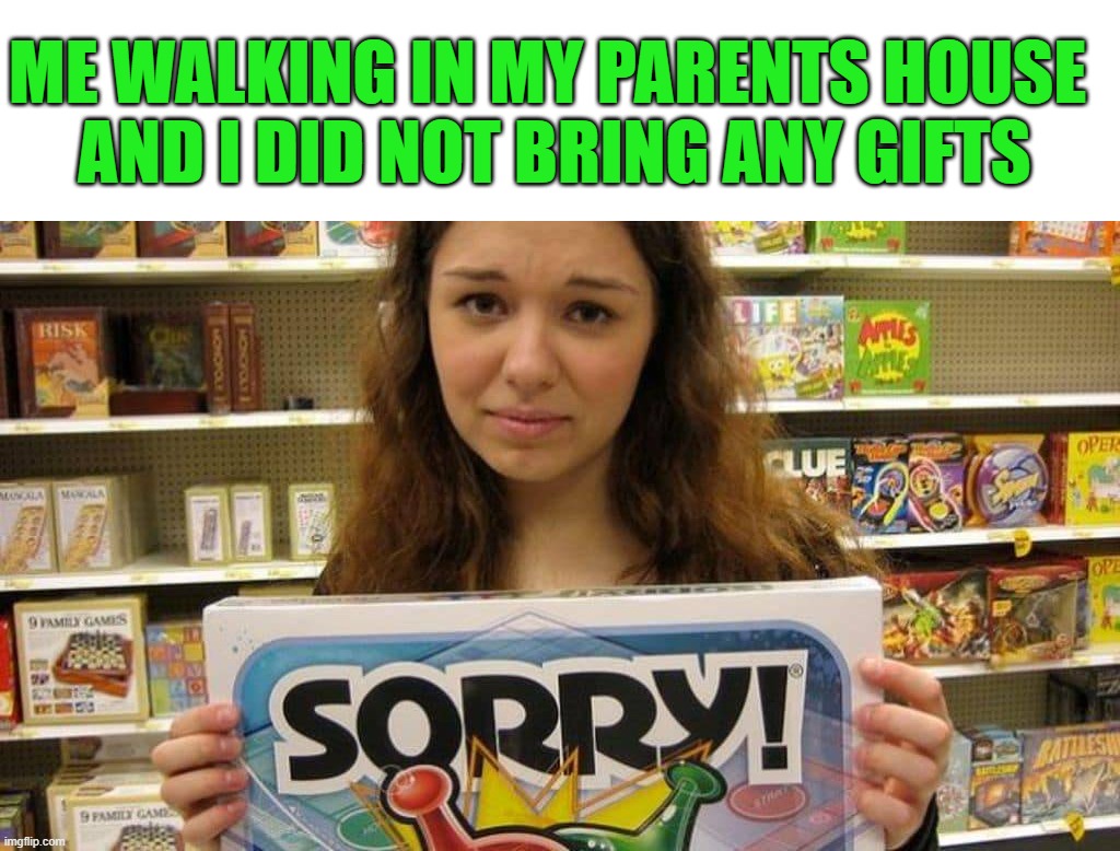 When I don't have any money | ME WALKING IN MY PARENTS HOUSE 
AND I DID NOT BRING ANY GIFTS | image tagged in sorry | made w/ Imgflip meme maker