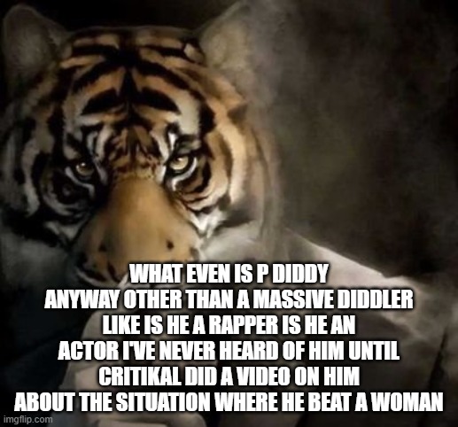 tiger smoking cigar | WHAT EVEN IS P DIDDY ANYWAY OTHER THAN A MASSIVE DIDDLER LIKE IS HE A RAPPER IS HE AN ACTOR I'VE NEVER HEARD OF HIM UNTIL CRITIKAL DID A VIDEO ON HIM ABOUT THE SITUATION WHERE HE BEAT A WOMAN | image tagged in tiger smoking cigar | made w/ Imgflip meme maker