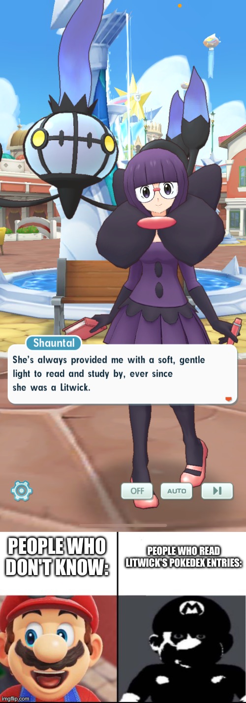 If you know, you know. Seriously, how is Shauntal even alive? | PEOPLE WHO DON'T KNOW:; PEOPLE WHO READ LITWICK'S POKEDEX ENTRIES: | image tagged in happy mario vs dark mario | made w/ Imgflip meme maker