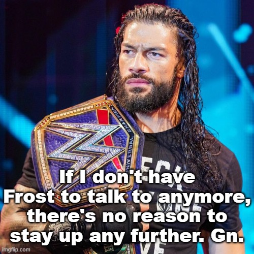 I'll stay up a bit longer to respond to memechats | If I don't have Frost to talk to anymore, there's no reason to stay up any further. Gn. | image tagged in roman reigns | made w/ Imgflip meme maker