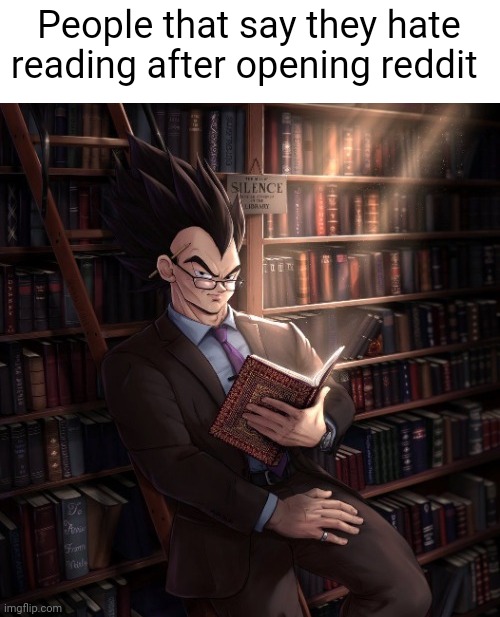 Vegeta reading a book meme | People that say they hate reading after opening reddit | image tagged in vegeta reading a book meme | made w/ Imgflip meme maker