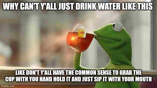 Kermit sipping tea | WHY CAN'T Y'ALL JUST DRINK WATER LIKE THIS LIKE DON'T Y'ALL HAVE THE COMMON SENSE TO GRAB THE CUP WITH YOU HAND HOLD IT AND JUST SIP IT WITH | image tagged in kermit sipping tea | made w/ Imgflip meme maker