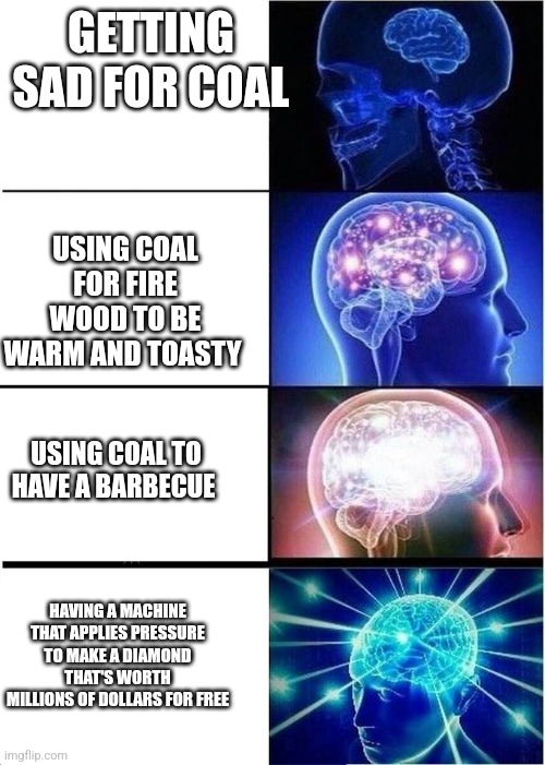 levels of intelligence | GETTING SAD FOR COAL USING COAL FOR FIRE WOOD TO BE WARM AND TOASTY USING COAL TO HAVE A BARBECUE HAVING A MACHINE THAT APPLIES PRESSURE TO  | image tagged in levels of intelligence | made w/ Imgflip meme maker