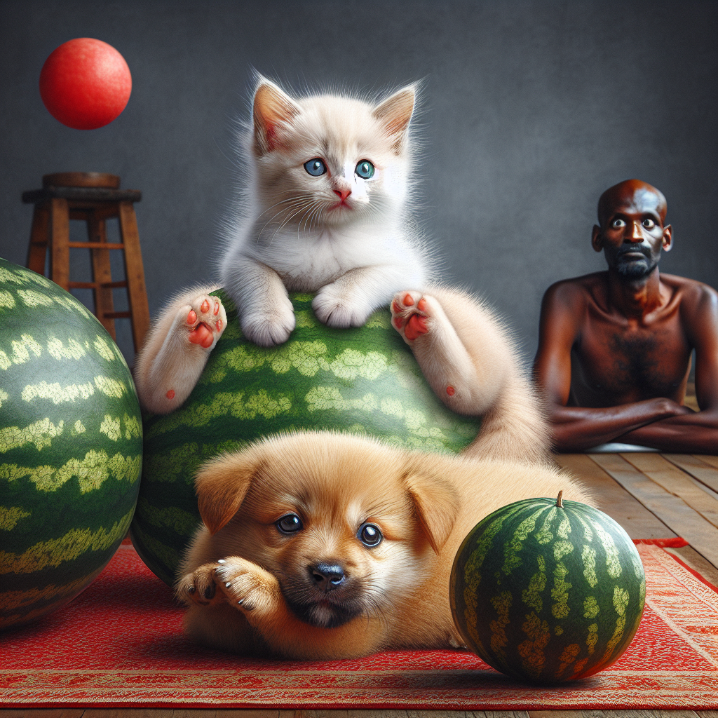 Cuten kitten sitting on a puppy, watermelon, red circle , shocke Blank Meme Template