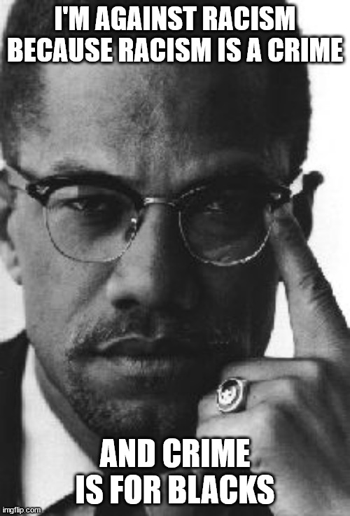 Malcolm X | I'M AGAINST RACISM BECAUSE RACISM IS A CRIME; AND CRIME IS FOR BLACKS | image tagged in malcolm x | made w/ Imgflip meme maker