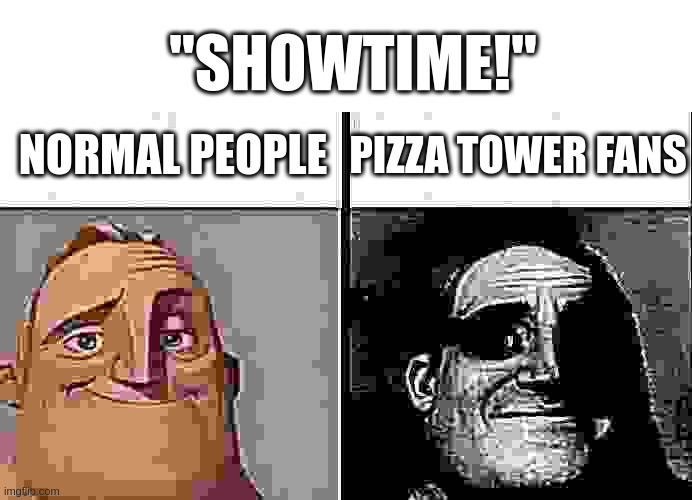 Bro Waited Till Time's Up For Lap 3 Experience | "SHOWTIME!"; NORMAL PEOPLE; PIZZA TOWER FANS | image tagged in teacher's copy | made w/ Imgflip meme maker