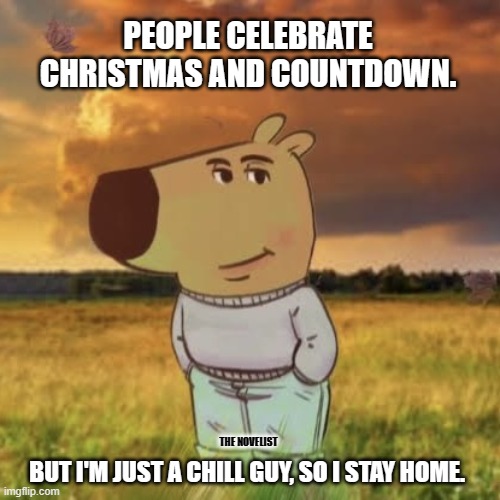 Chill guy | PEOPLE CELEBRATE CHRISTMAS AND COUNTDOWN. THE NOVELIST; BUT I'M JUST A CHILL GUY, SO I STAY HOME. | image tagged in chill guy | made w/ Imgflip meme maker