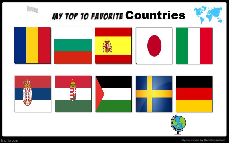 My own Top 10 Favorite Countries | image tagged in romania,hungary,spain,bulgaria,japan,germany | made w/ Imgflip meme maker