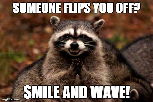 Evil Plotting Raccoon Meme | SOMEONE FLIPS YOU OFF? SMILE AND WAVE! | image tagged in memes,evil plotting raccoon | made w/ Imgflip meme maker