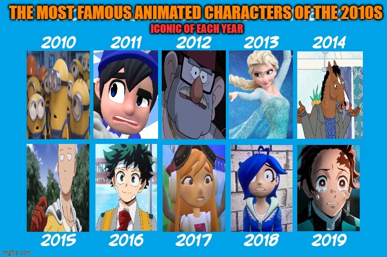 the most famous animated characters of the 2010s | image tagged in the most famous animated characters of the 2010s,2010s,iconic,smg4,anime,cartoons | made w/ Imgflip meme maker