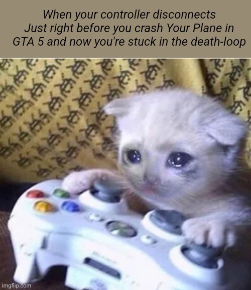 Sad gaming cat | When your controller disconnects Just right before you crash Your Plane in GTA 5 and now you're stuck in the death-loop | image tagged in sad gaming cat | made w/ Imgflip meme maker