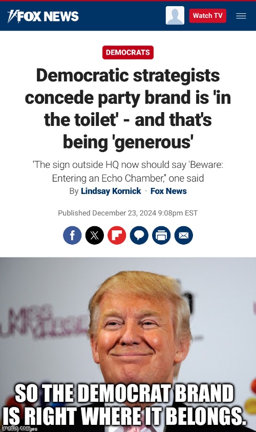 SO THE DEMOCRAT BRAND IS RIGHT WHERE IT BELONGS. | image tagged in donald trump approves | made w/ Imgflip meme maker