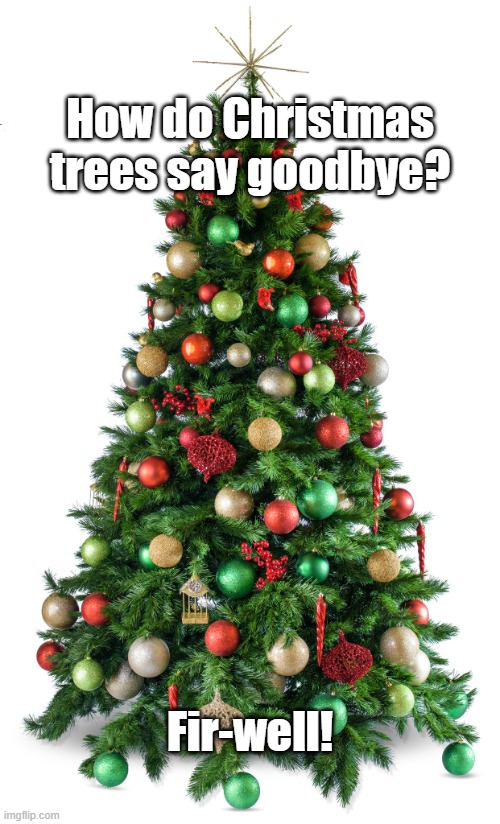 Christmas tree | How do Christmas trees say goodbye? Fir-well! | image tagged in christmas tree | made w/ Imgflip meme maker