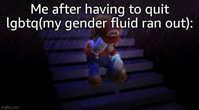 so sad guys (joke)(i have like 5L of gender fluid left) | Me after having to quit lgbtq(my gender fluid ran out): | image tagged in sad mario | made w/ Imgflip meme maker