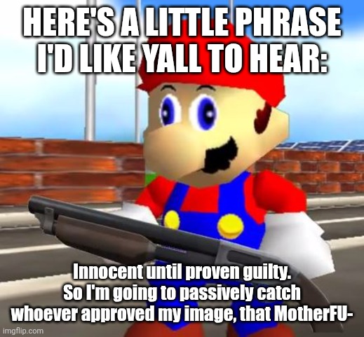 i feel ding dongy | HERE'S A LITTLE PHRASE I'D LIKE YALL TO HEAR:; Innocent until proven guilty. So I'm going to passively catch whoever approved my image, that MotherFU- | image tagged in smg4 shotgun mario | made w/ Imgflip meme maker