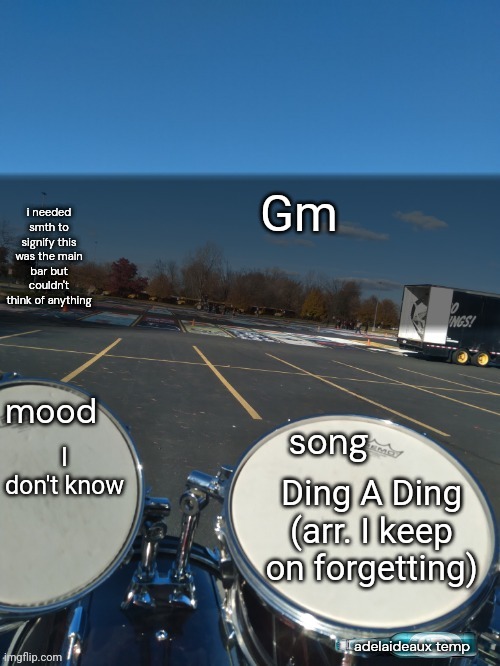 I got a nice large 80s drum set. Incredibly fun to goof around on. <333 | Gm; I don't know; Ding A Ding (arr. I keep on forgetting) | image tagged in adelaideaux temp mk iv | made w/ Imgflip meme maker