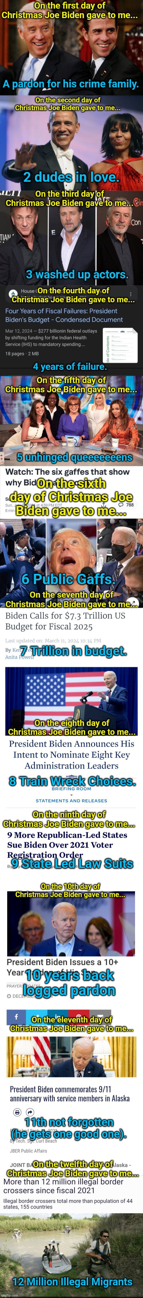 12 Days of Joe Biden Christmas lyrics | On the first day of Christmas Joe Biden gave to me... A pardon for his crime family. On the second day of Christmas Joe Biden gave to me... 2 dudes in love. On the third day of Christmas Joe Biden gave to me... 3 washed up actors. On the fourth day of Christmas Joe Biden gave to me... 4 years of failure. On the fifth day of Christmas Joe Biden gave to me... 5 unhinged queeeeeeens; On the sixth day of Christmas Joe Biden gave to me... 6 Public Gaffs. On the seventh day of Christmas Joe Biden gave to me... 7 Trillion in budget. On the eighth day of Christmas Joe Biden gave to me... 8 Train Wreck Choices. On the ninth day of Christmas Joe Biden gave to me... 9 State Led Law Suits; On the 10th day of Christmas Joe Biden gave to me... 10 years back logged pardon; On the eleventh day of Christmas Joe Biden gave to me... 11th not forgotten (he gets one good one). On the twelfth day of Christmas Joe Biden gave to me... 12 Million Illegal Migrants | image tagged in hunter biden crack head,barack and michelle obama,the view | made w/ Imgflip meme maker