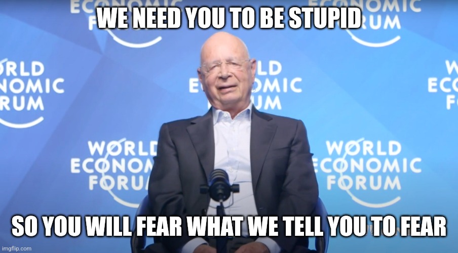 Klaus Schwab | WE NEED YOU TO BE STUPID SO YOU WILL FEAR WHAT WE TELL YOU TO FEAR | image tagged in klaus schwab | made w/ Imgflip meme maker