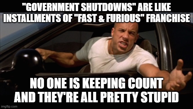 dominic toretto fast and furious | "GOVERNMENT SHUTDOWNS" ARE LIKE INSTALLMENTS OF "FAST & FURIOUS" FRANCHISE NO ONE IS KEEPING COUNT AND THEY'RE ALL PRETTY STUPID | image tagged in dominic toretto fast and furious | made w/ Imgflip meme maker