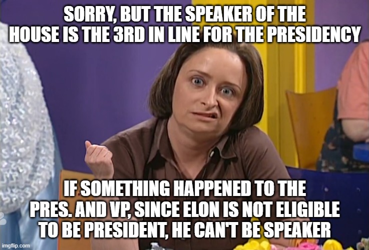 Debbie Downer | SORRY, BUT THE SPEAKER OF THE HOUSE IS THE 3RD IN LINE FOR THE PRESIDENCY IF SOMETHING HAPPENED TO THE PRES. AND VP, SINCE ELON IS NOT ELIGI | image tagged in debbie downer | made w/ Imgflip meme maker