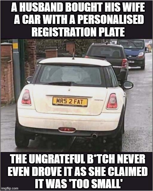 He Just Cannot Please Her ! | A HUSBAND BOUGHT HIS WIFE
 A CAR WITH A PERSONALISED
REGISTRATION PLATE; THE UNGRATEFUL B*TCH NEVER
EVEN DROVE IT AS SHE CLAIMED
 IT WAS 'TOO SMALL' | image tagged in cars,mini,husband,fat,wife,dark humour | made w/ Imgflip meme maker