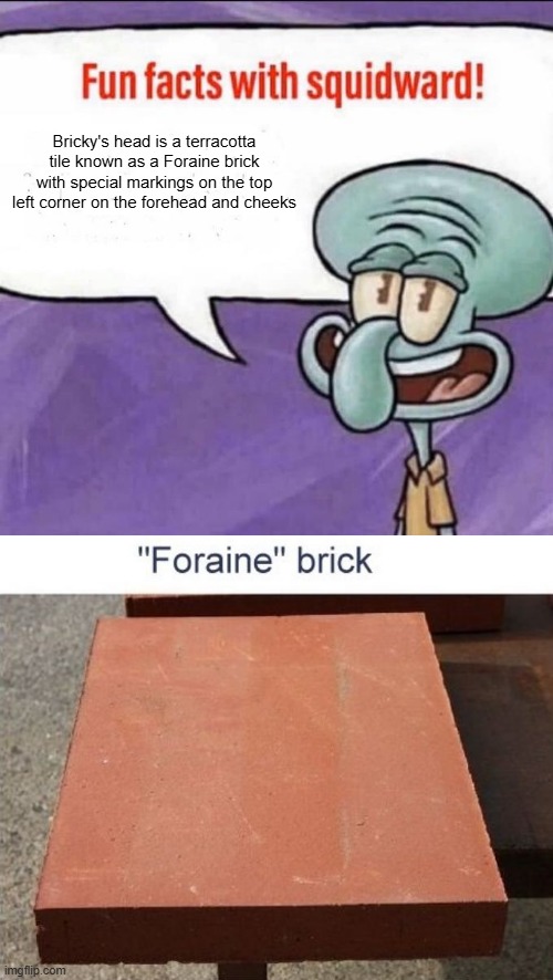 Same thing for the torso but rectangular | Bricky's head is a terracotta tile known as a Foraine brick with special markings on the top left corner on the forehead and cheeks | image tagged in fun facts with squidward | made w/ Imgflip meme maker