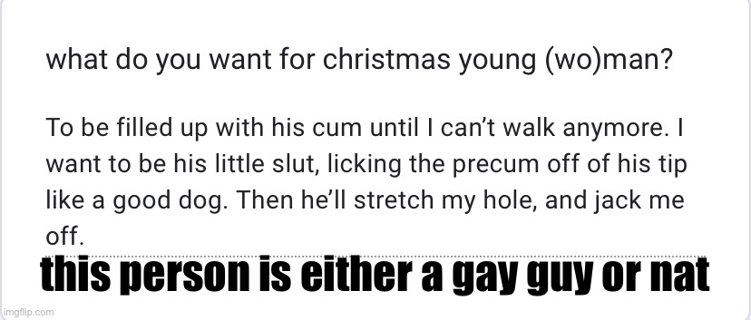 https://forms.gle/PYFCVidZDh76phaD8 | this person is either a gay guy or nat | made w/ Imgflip meme maker