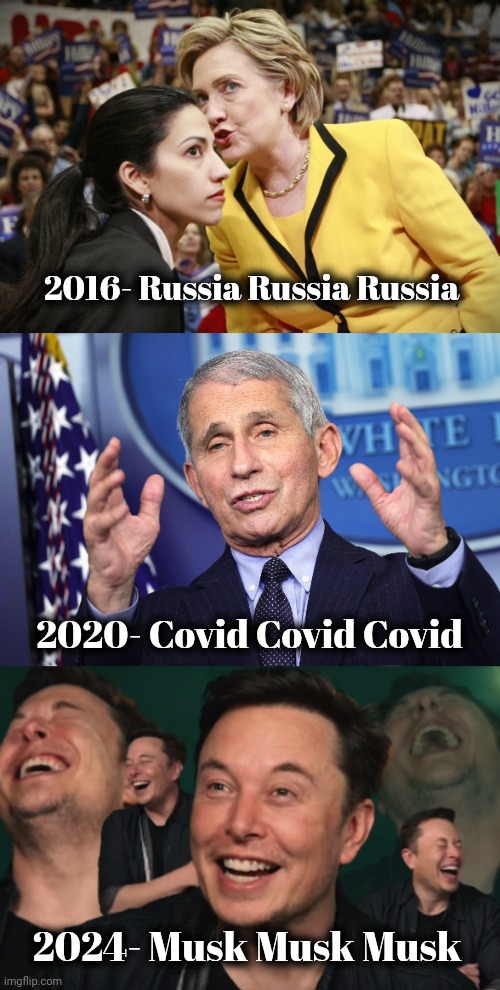 2016- Russia Russia Russia 2020- Covid Covid Covid 2024- Musk Musk Musk | image tagged in hillary clinton,fauchi,elon musk laughing | made w/ Imgflip meme maker