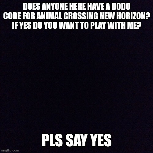 Black screen  | DOES ANYONE HERE HAVE A DODO CODE FOR ANIMAL CROSSING NEW HORIZON? IF YES DO YOU WANT TO PLAY WITH ME? PLS SAY YES | image tagged in black screen | made w/ Imgflip meme maker