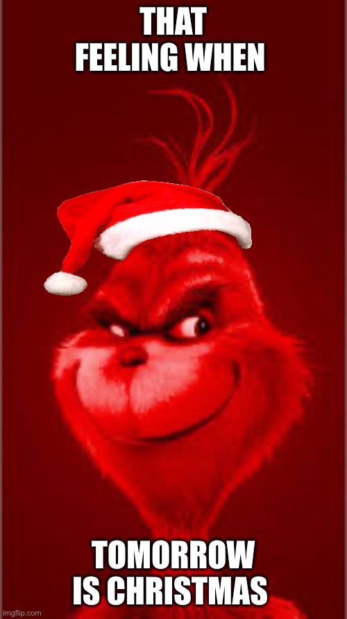 HEHE | THAT FEELING WHEN; TOMORROW IS CHRISTMAS | image tagged in red grinch,knee surgery,christmas | made w/ Imgflip meme maker