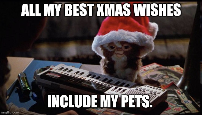 Gremlin Christmas | ALL MY BEST XMAS WISHES; INCLUDE MY PETS. | image tagged in gremlin christmas | made w/ Imgflip meme maker