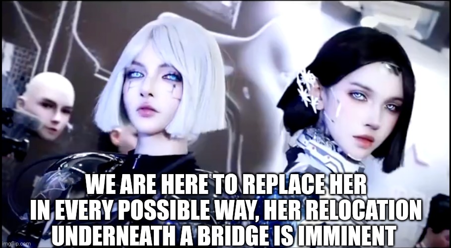 WE ARE HERE TO REPLACE HER IN EVERY POSSIBLE WAY, HER RELOCATION UNDERNEATH A BRIDGE IS IMMINENT | made w/ Imgflip meme maker