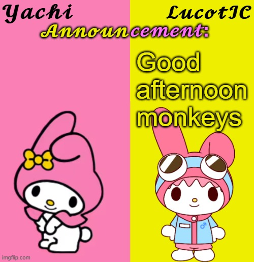 I wish I could say racial slurs | Good afternoon monkeys | image tagged in yachi lucotic duo announcement temp | made w/ Imgflip meme maker