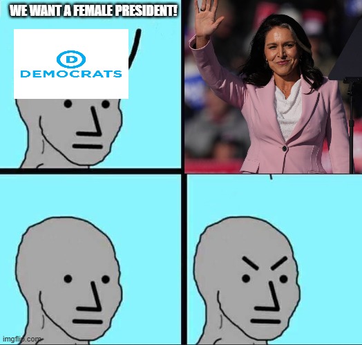 We all know that this is exactly will happen if (or rather, when) she runs. | WE WANT A FEMALE PRESIDENT! | image tagged in npc meme,liberal hypocrisy,tulsi gabbard | made w/ Imgflip meme maker