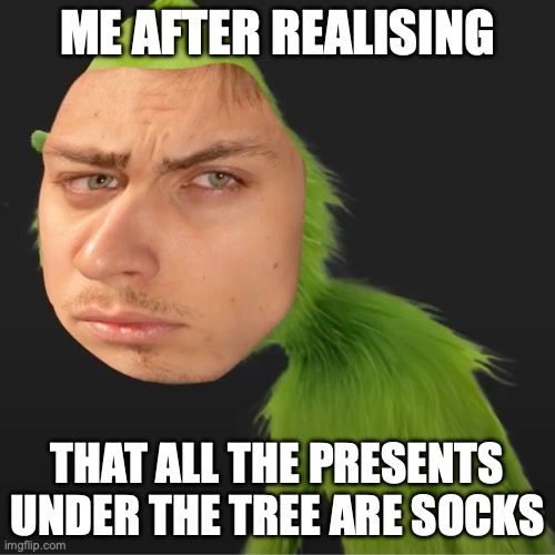 Merry Grinchmas ?? | ME AFTER REALISING; THAT ALL THE PRESENTS UNDER THE TREE ARE SOCKS | image tagged in goofy ahh grinch | made w/ Imgflip meme maker